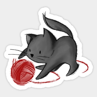 Cute Cat playing with ball of yarn - black - black version Sticker